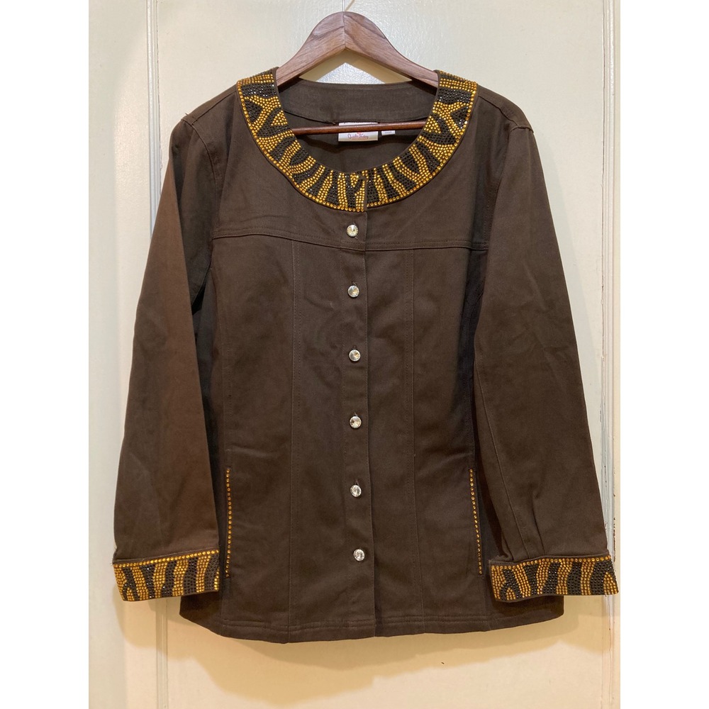Quacker Factory‎ Jacket Top Womens XL Brown Denim Rhinestone Buttons Embellished